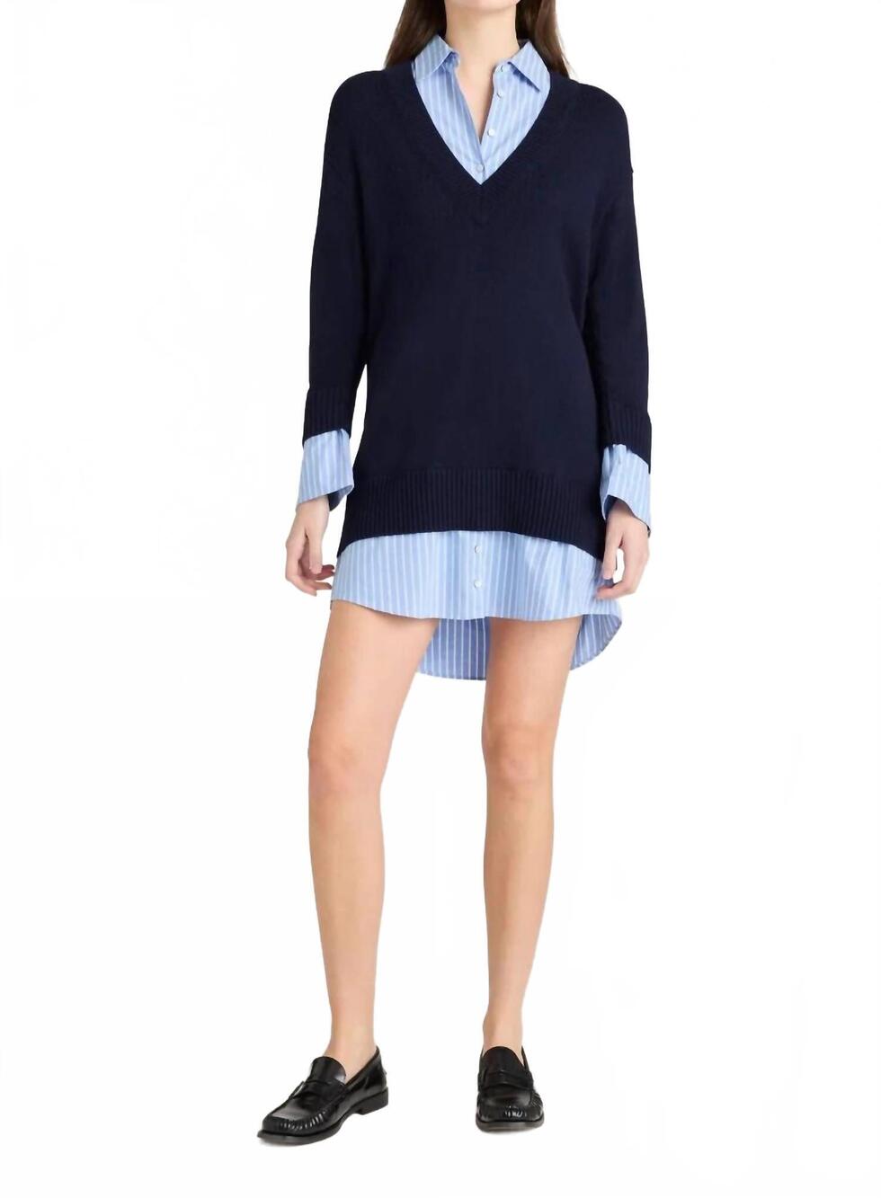 NEW CINQ A SEPT deep v remie stripe santina dress in navy/french blue